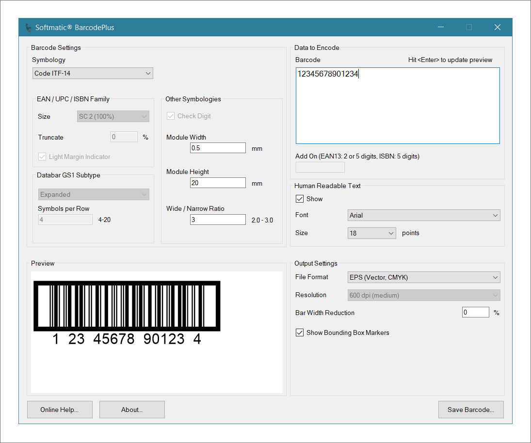 Screenshot of Softmatic Barcode Software creating Code ITF-14 barcode